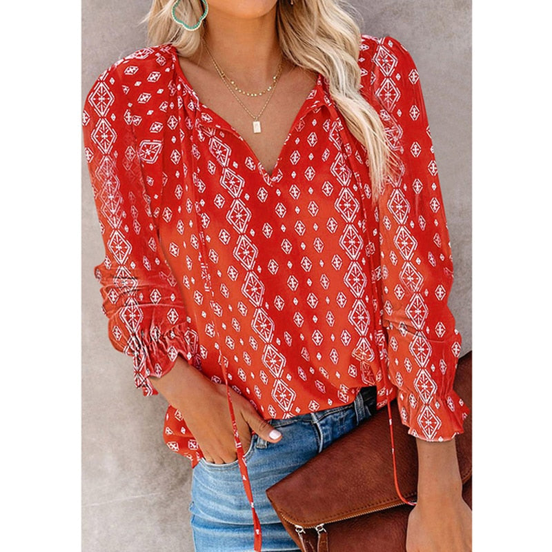 Casual Blouses V Neck Drawstring Flare Long Sleeves Pullover