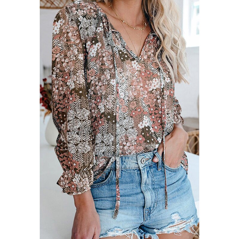 Casual Blouses V Neck Drawstring Flare Long Sleeves Pullover