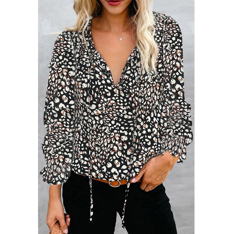 Casual Blouses V Neck Drawstring Flare Long Sleeves Pullover
