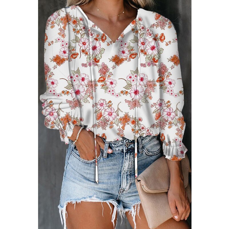 Casual Blouses V Neck Drawstring Flare Long Sleeves Pullover