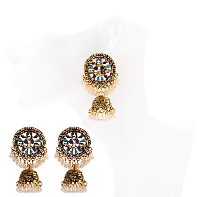 Ethnic Women's Big Round Bollywood Oxidized Indian Earrings Vintage Flower Bohemian Pearl Tassel