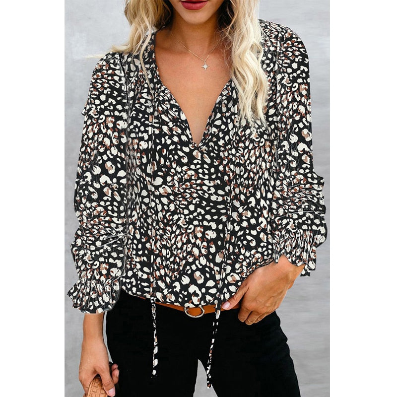 Casual Blouses V Neck Drawstring Flare Long Sleeves Pullover