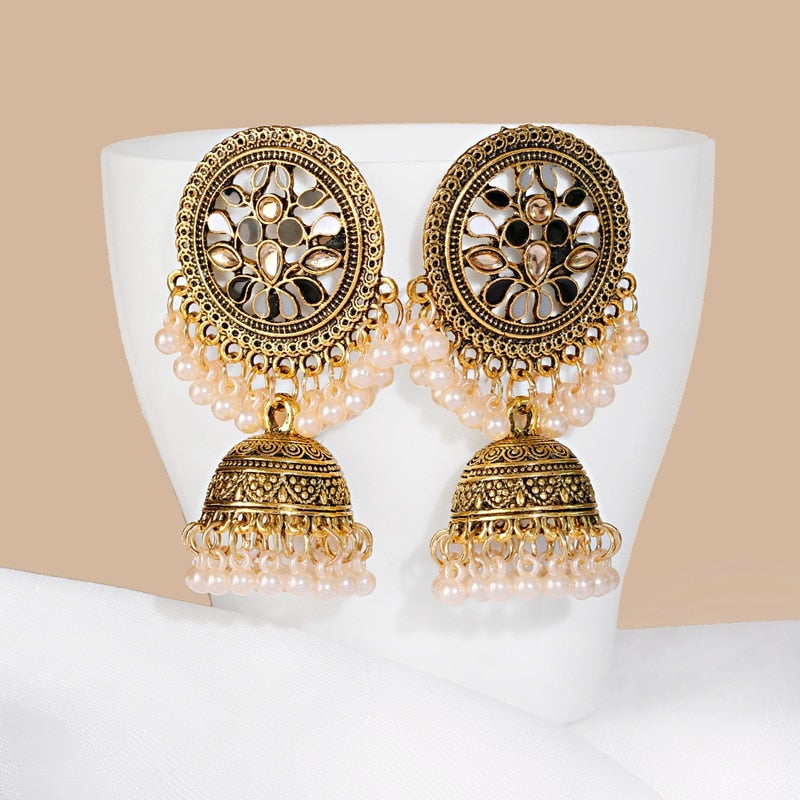 Ethnic Women's Big Round Bollywood Oxidized Indian Earrings Vintage Flower Bohemian Pearl Tassel
