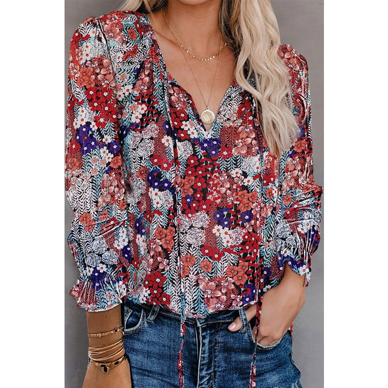 Casual Blouses V Neck Drawstring Flare Long Sleeves Pullover