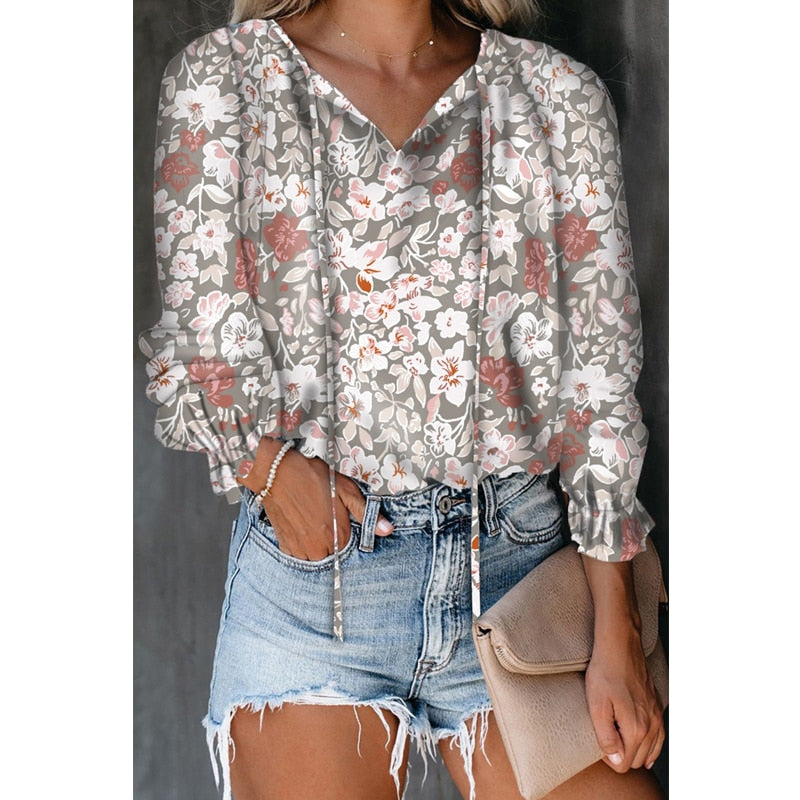 Casual Blouses V Neck Drawstring Flare Long Sleeves Pullover