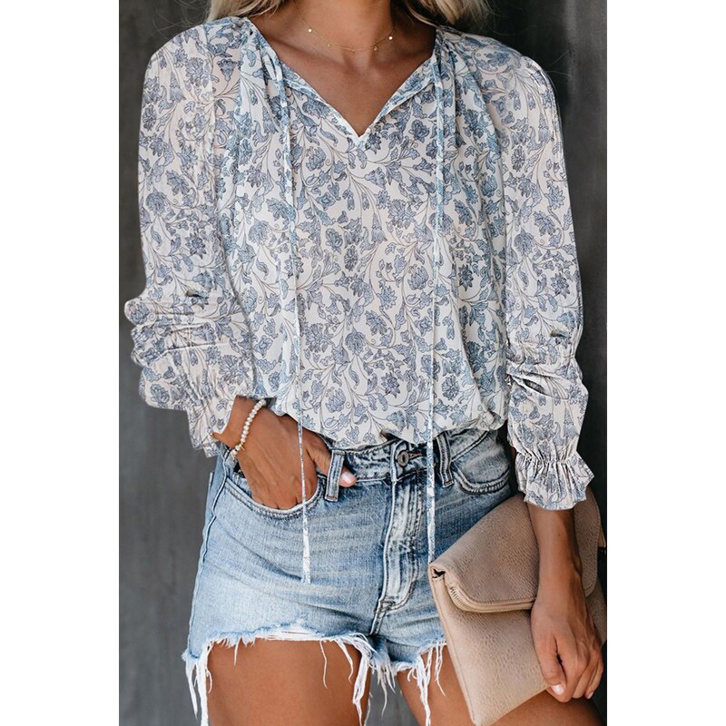 Casual Blouses V Neck Drawstring Flare Long Sleeves Pullover