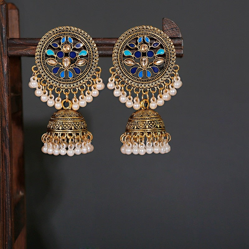 Ethnic Women's Big Round Bollywood Oxidized Indian Earrings Vintage Flower Bohemian Pearl Tassel