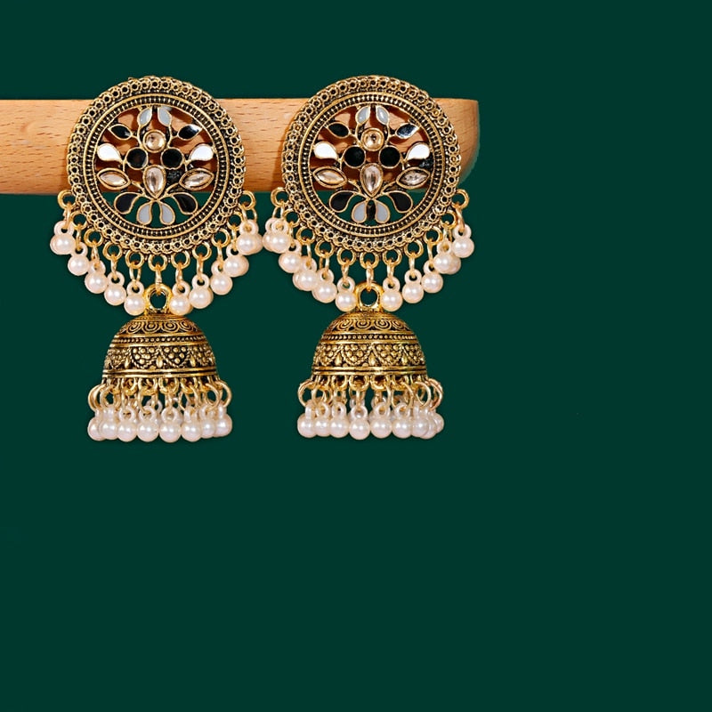 Ethnic Women's Big Round Bollywood Oxidized Indian Earrings Vintage Flower Bohemian Pearl Tassel