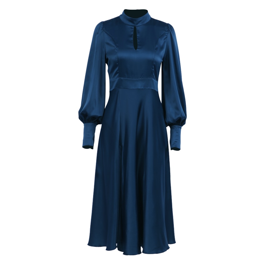 Evening Dresses Navy Hollow Out Woman Satin Midi Party Dress Autumn Lantern Sleeves