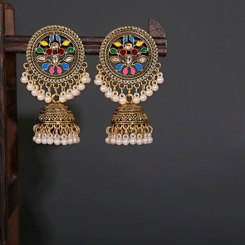 Ethnic Women's Big Round Bollywood Oxidized Indian Earrings Vintage Flower Bohemian Pearl Tassel