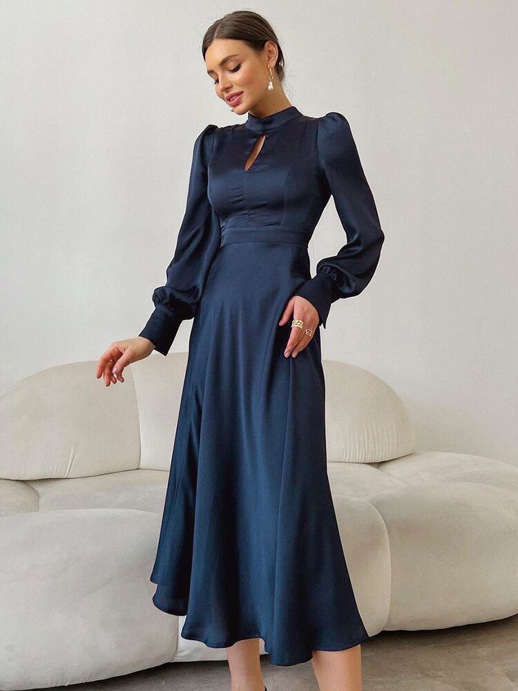 Evening Dresses Navy Hollow Out Woman Satin Midi Party Dress Autumn Lantern Sleeves