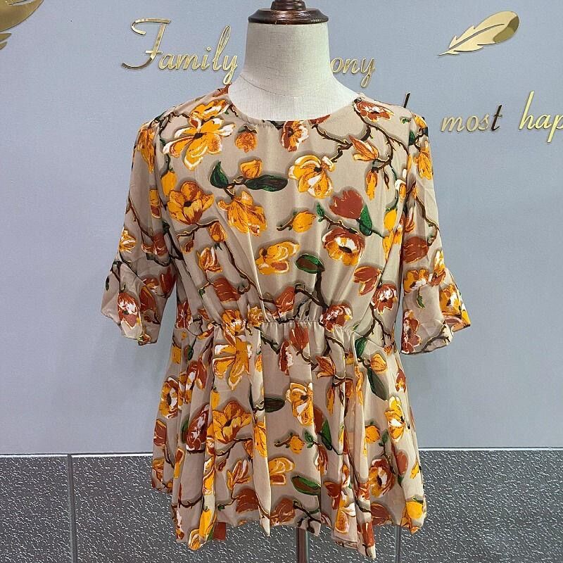 O Neck Short Sleeve Floral Chiffon Fashion Flower Printed Lady's Top Loose