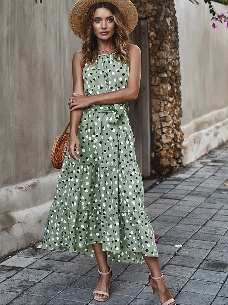 Summer Women Polka-Dot Long Dress Beach Dresses Strapless Casual