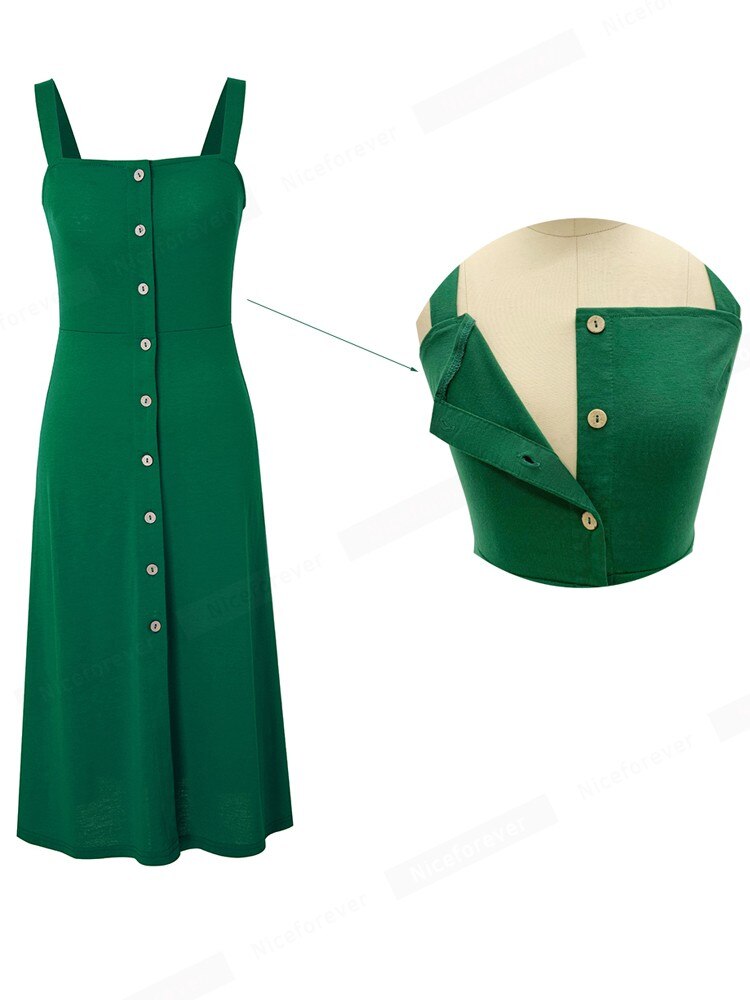 Summer Women Classy Square Neck Plain Dresses Casual with Button Sun Dress