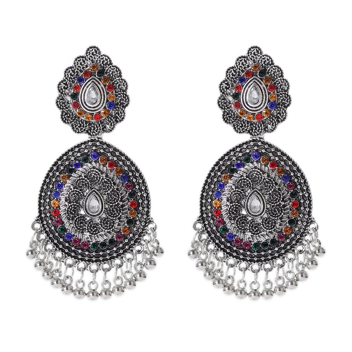 Ethnic Women's Big Round Bollywood Oxidized Indian Earrings Vintage Flower Bohemian Pearl Tassel
