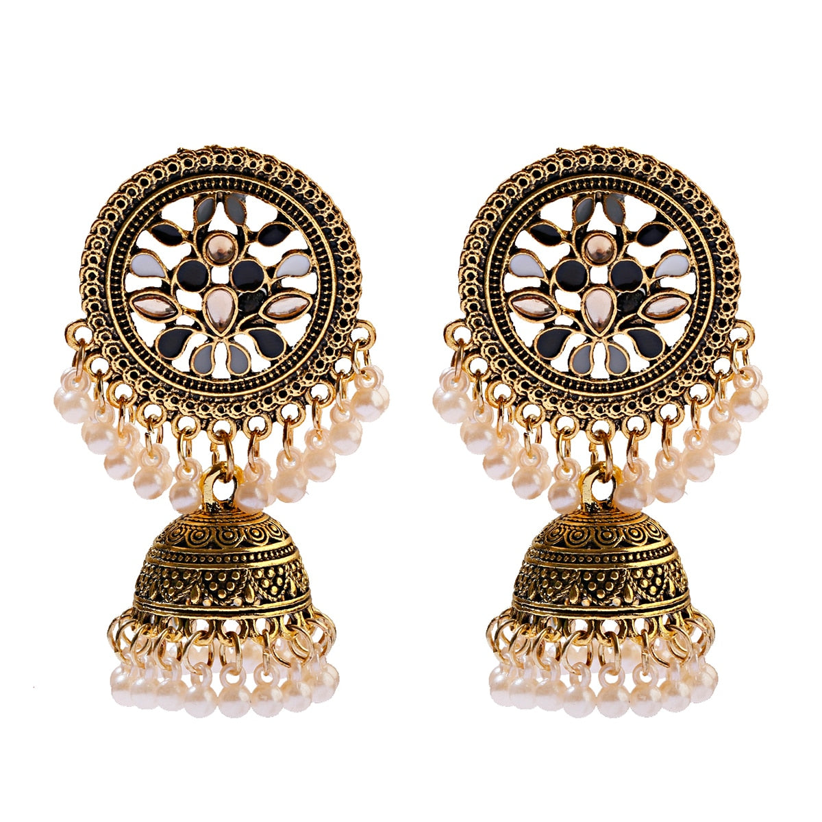 Ethnic Women's Big Round Bollywood Oxidized Indian Earrings Vintage Flower Bohemian Pearl Tassel