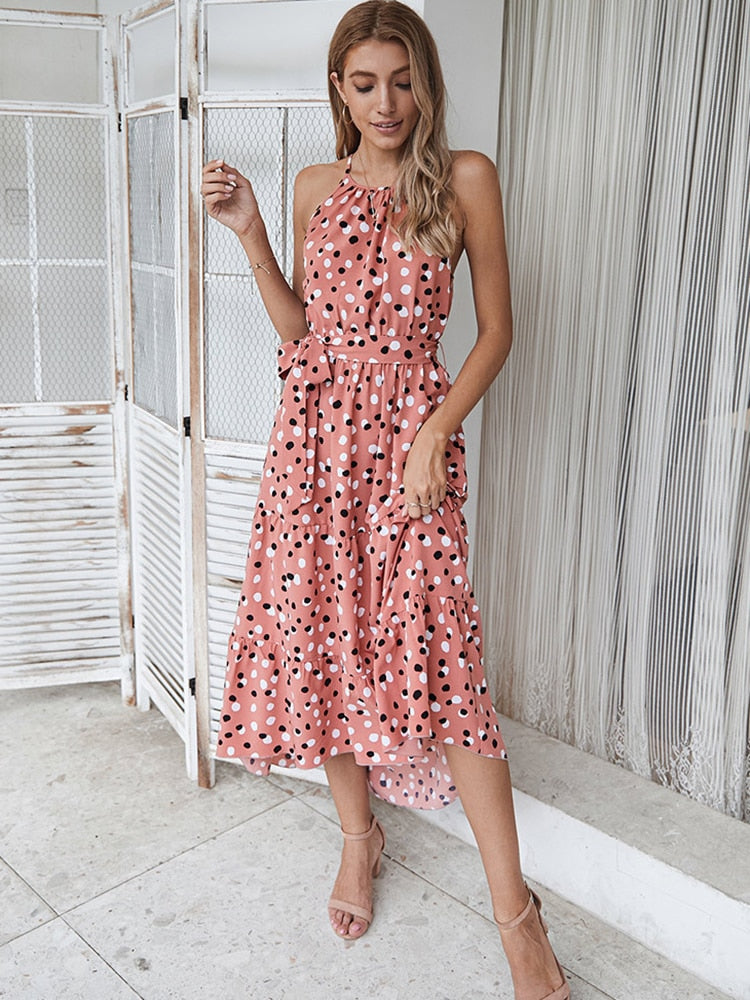 Summer Women Polka-Dot Long Dress Beach Dresses Strapless Casual