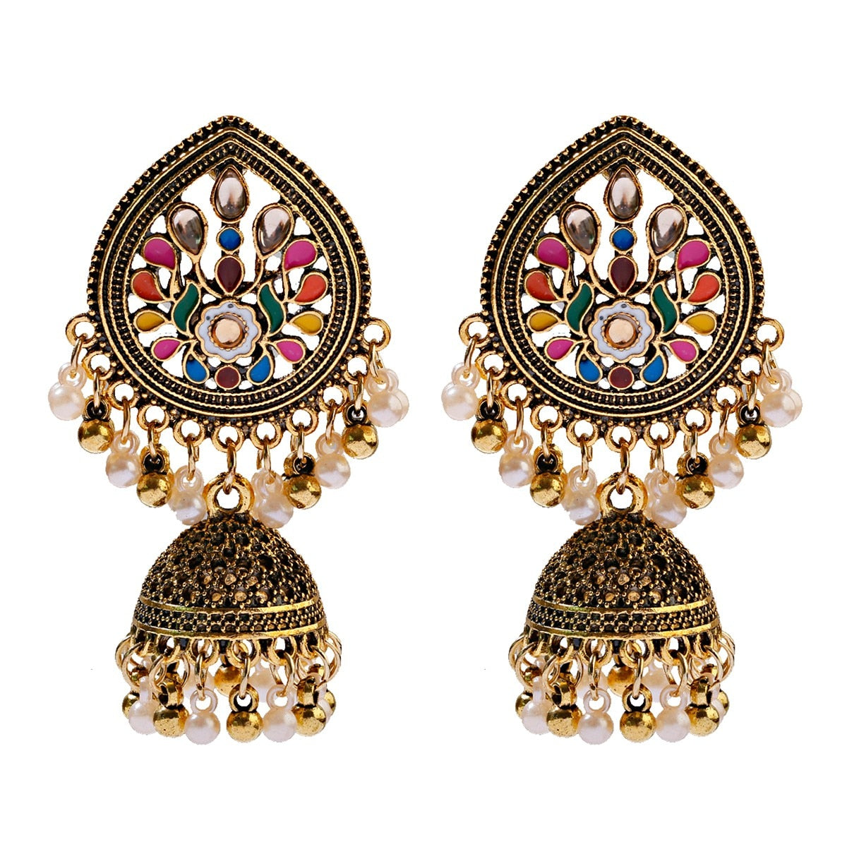 Ethnic Women's Big Round Bollywood Oxidized Indian Earrings Vintage Flower Bohemian Pearl Tassel