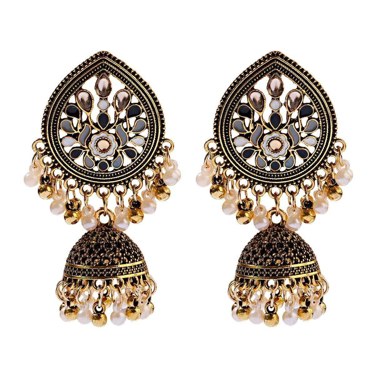 Ethnic Women's Big Round Bollywood Oxidized Indian Earrings Vintage Flower Bohemian Pearl Tassel
