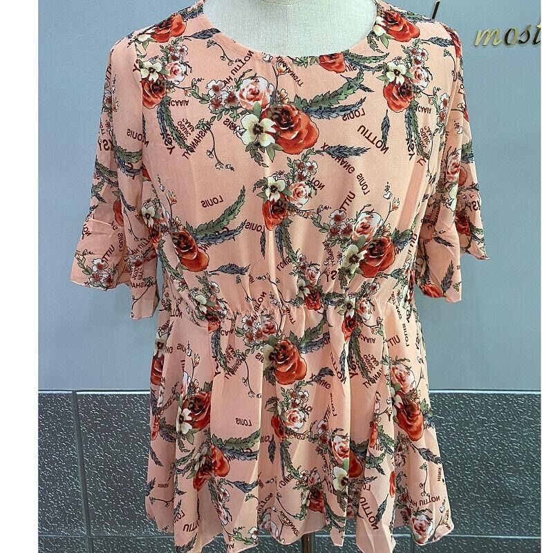 O Neck Short Sleeve Floral Chiffon Fashion Flower Printed Lady's Top Loose
