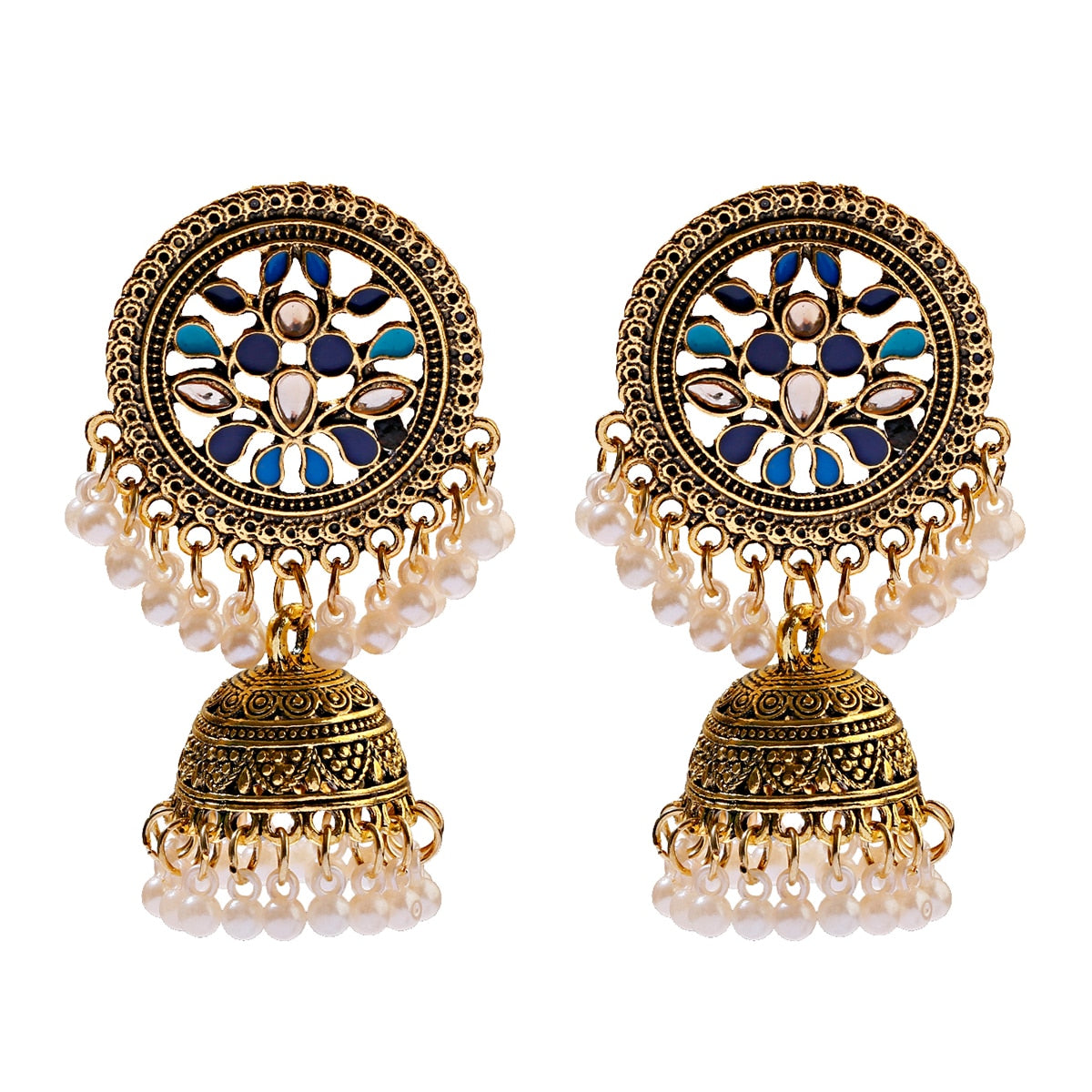 Ethnic Women's Big Round Bollywood Oxidized Indian Earrings Vintage Flower Bohemian Pearl Tassel