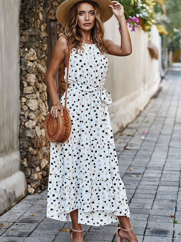 Summer Women Polka-Dot Long Dress Beach Dresses Strapless Casual