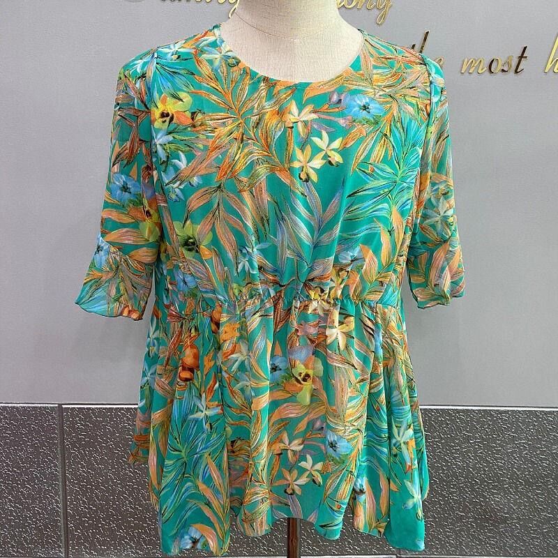 O Neck Short Sleeve Floral Chiffon Fashion Flower Printed Lady's Top Loose