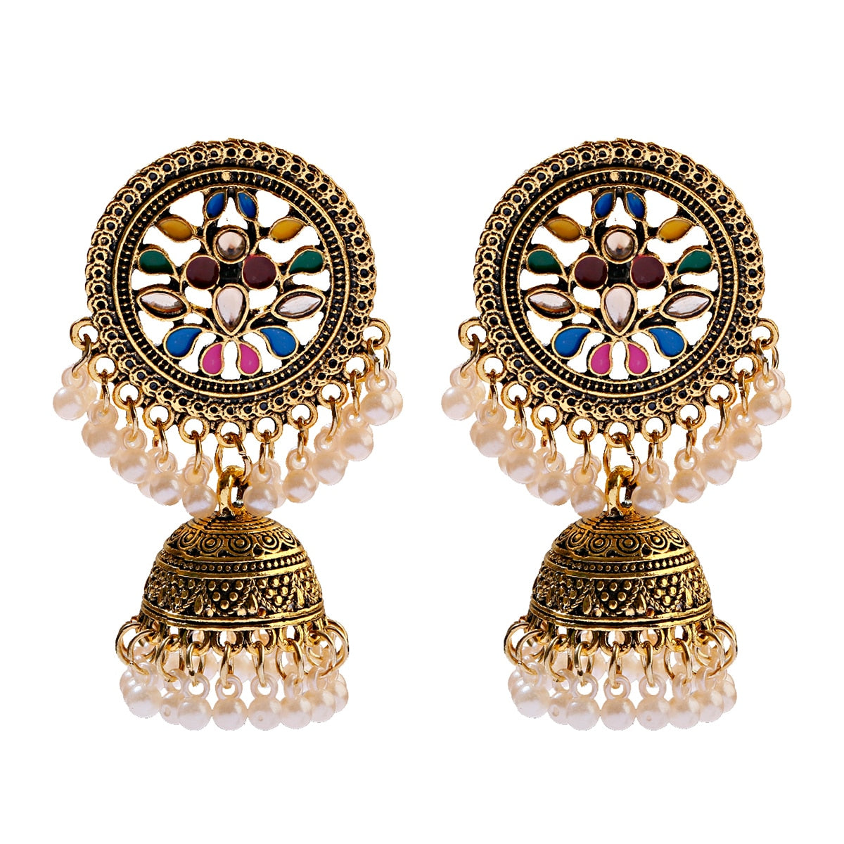 Ethnic Women's Big Round Bollywood Oxidized Indian Earrings Vintage Flower Bohemian Pearl Tassel