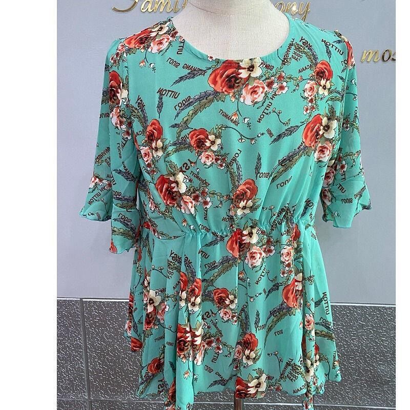 O Neck Short Sleeve Floral Chiffon Fashion Flower Printed Lady's Top Loose