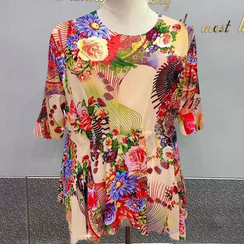 O Neck Short Sleeve Floral Chiffon Fashion Flower Printed Lady's Top Loose