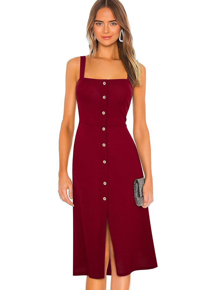 Summer Women Classy Square Neck Plain Dresses Casual with Button Sun Dress