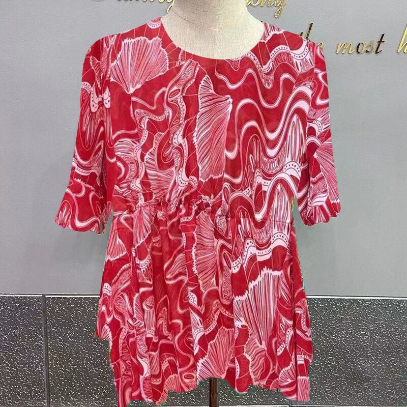 O Neck Short Sleeve Floral Chiffon Fashion Flower Printed Lady's Top Loose