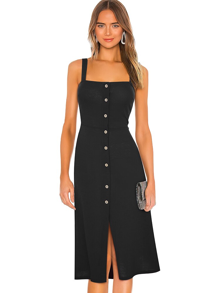 Summer Women Classy Square Neck Plain Dresses Casual with Button Sun Dress