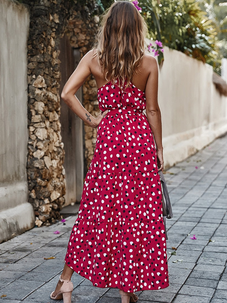 Summer Women Polka-Dot Long Dress Beach Dresses Strapless Casual