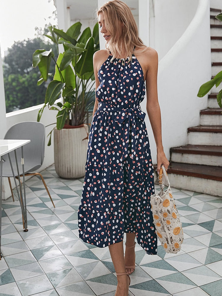 Summer Women Polka-Dot Long Dress Beach Dresses Strapless Casual