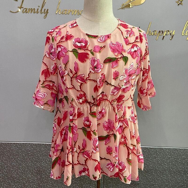 O Neck Short Sleeve Floral Chiffon Fashion Flower Printed Lady's Top Loose