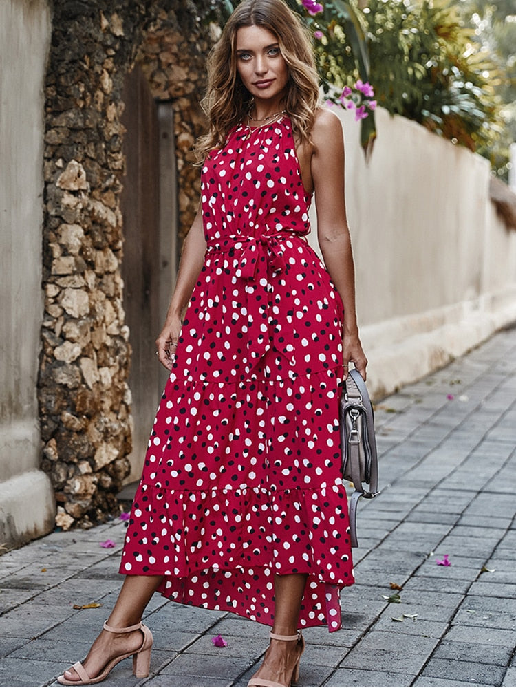 Summer Women Polka-Dot Long Dress Beach Dresses Strapless Casual